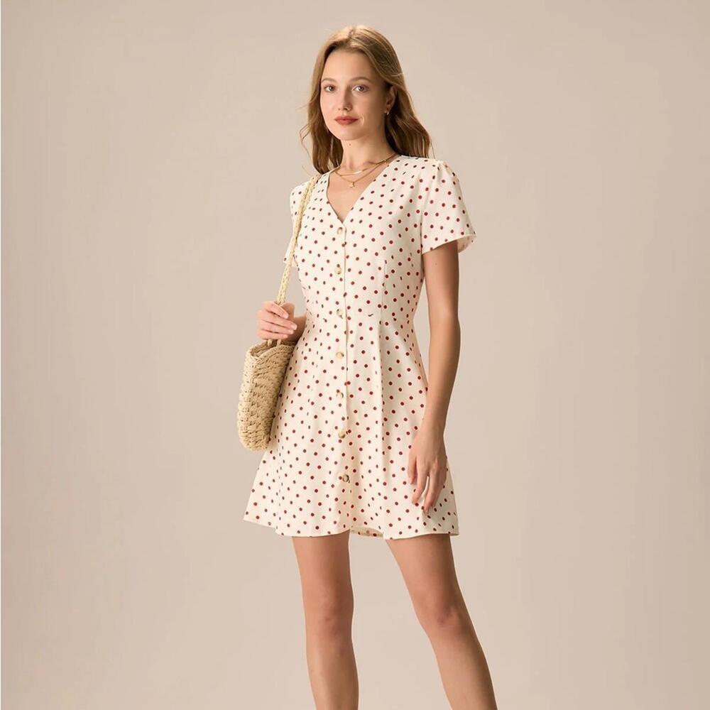 RIHOAS The Beige Polka Dot Button Mini Dress XL